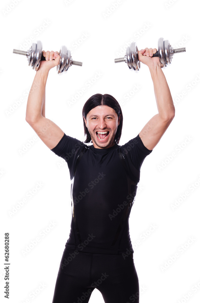 Man training with dumbbells on white Man training with dumbbells on white
