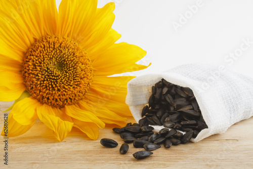 Fototapeta Naklejka Na Ścianę i Meble -  flower of sunflower and seeds in a sack