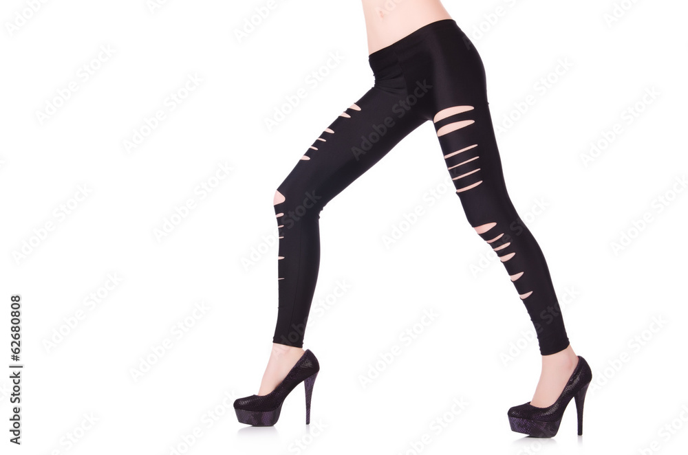 Woman legs with stockings on white Woman legs with stockings on white