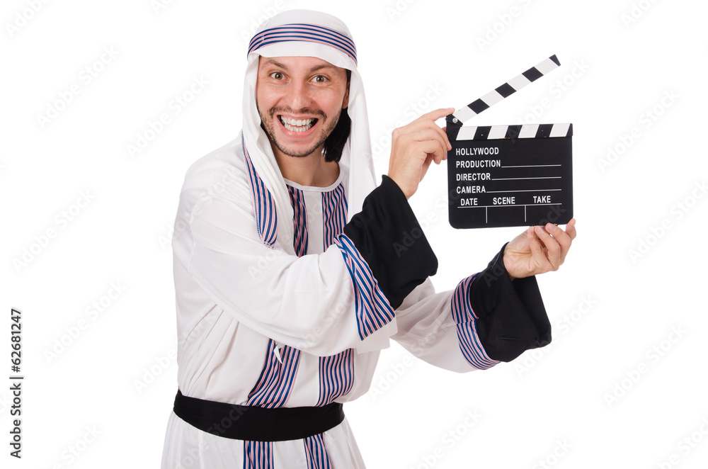 Arab man with movie clapper on white Arab man with movie clapper on white