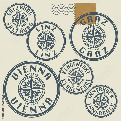 Grunge rubber stamp set with names of Austria cities