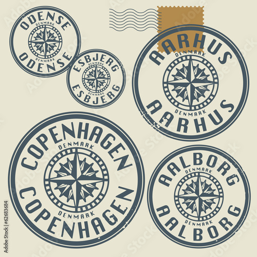 Grunge rubber stamp set with names of Denmark cities