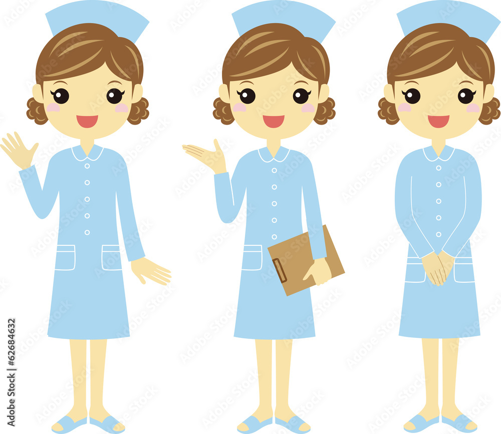 色々なポーズの青いユニフォームの看護婦さん