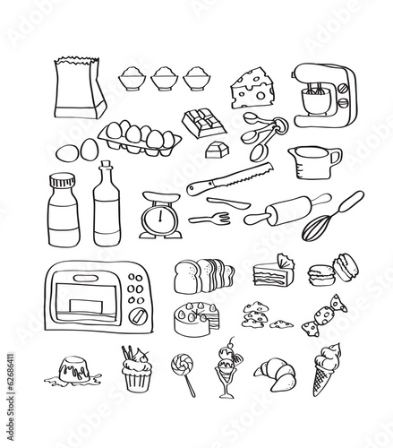 Mix hand draw set of bakery equipment and dessert icon