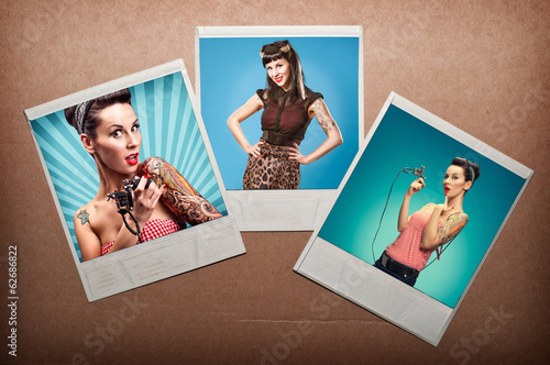 3 photos of a pin up girls, against cardboard background 