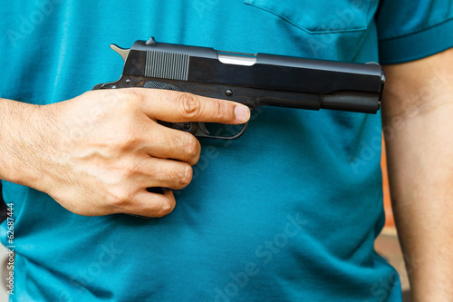 Black handgun in hand