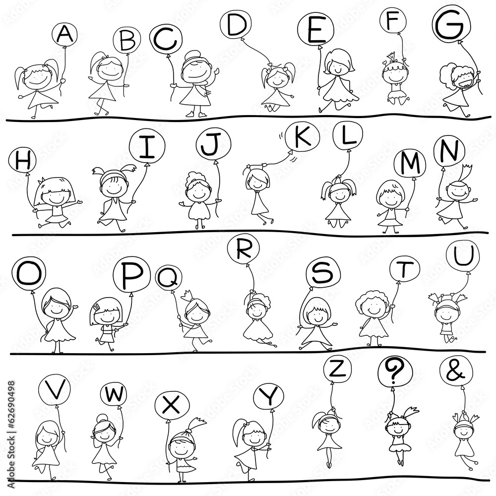 hand drawing cartoon happiness alphabet