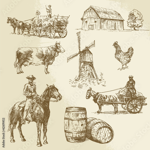 rural landscape, farm - hand drawn windmill