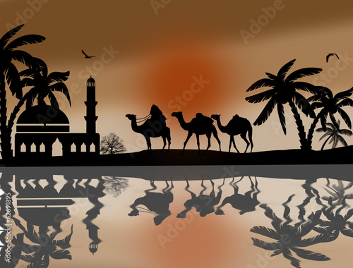 Bedouin camel caravan near water