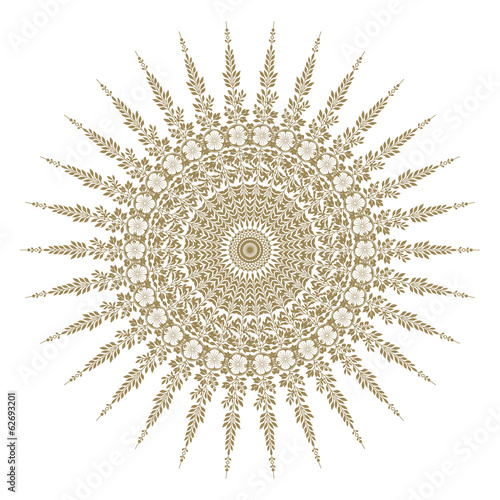Decorative gold and frame with vintage round patterns on white.