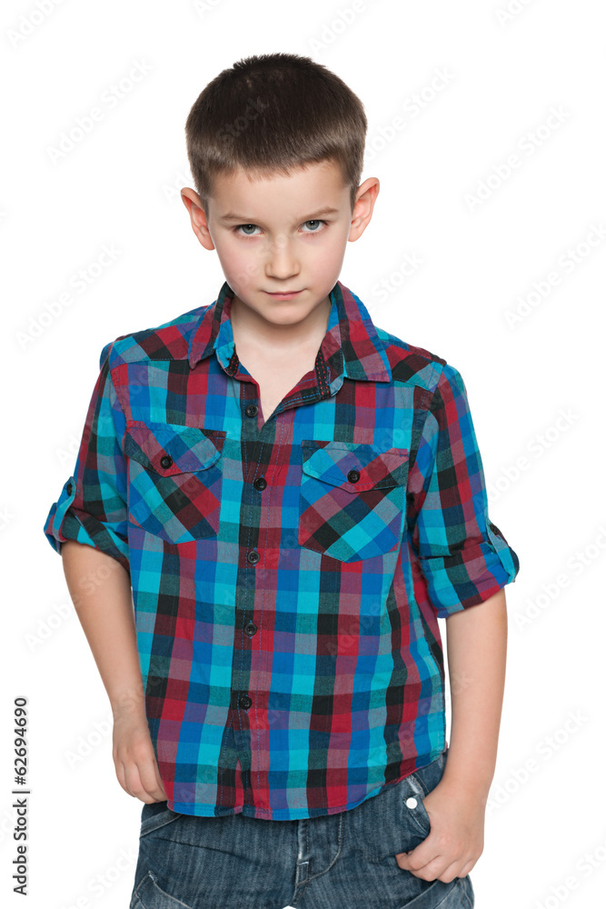 Thoughtful little boy against the white Thoughtful little boy against the white