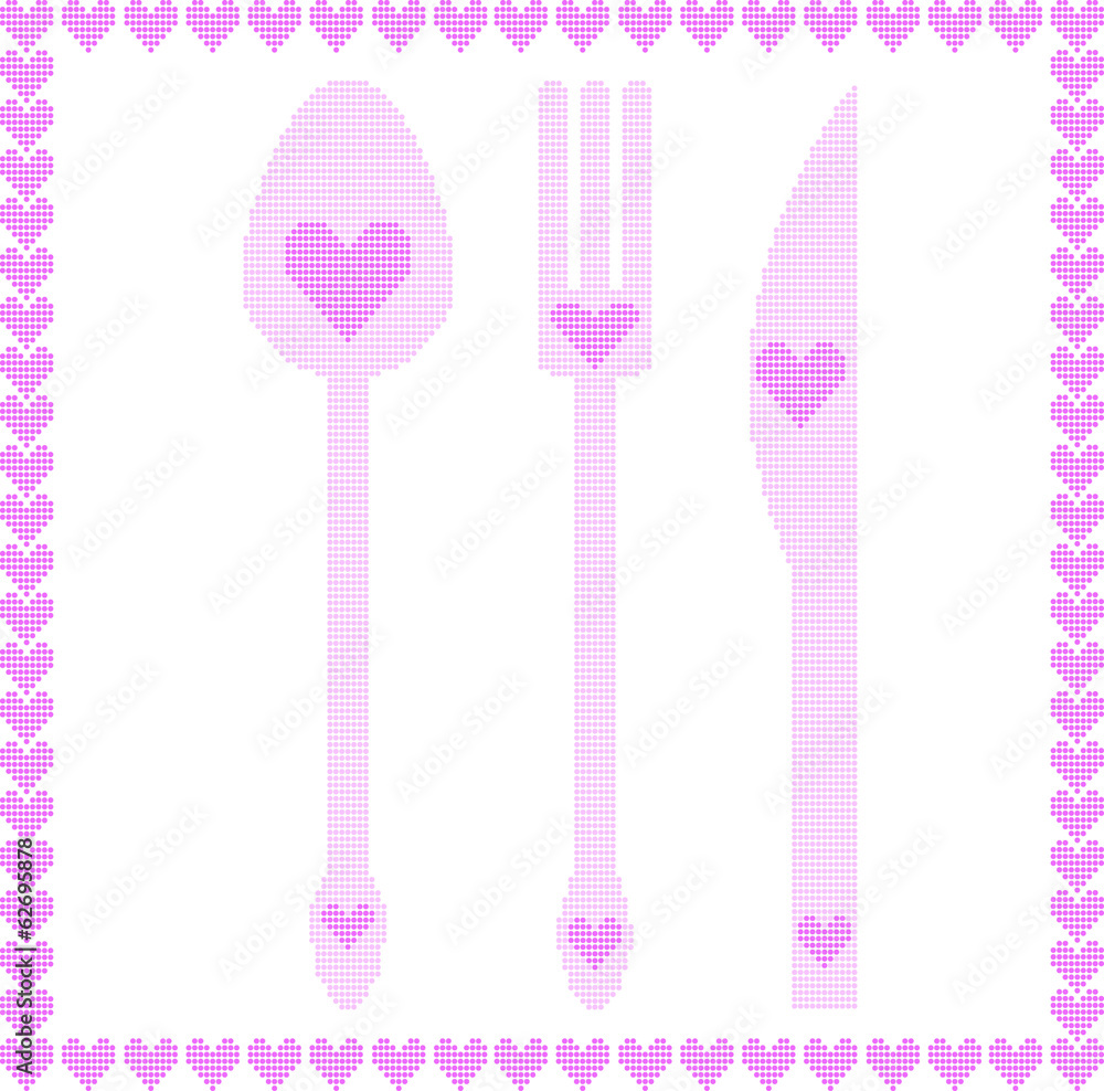 Spoon, fork and knife illustrations with hearts Spoon, fork and knife illustrations with hearts