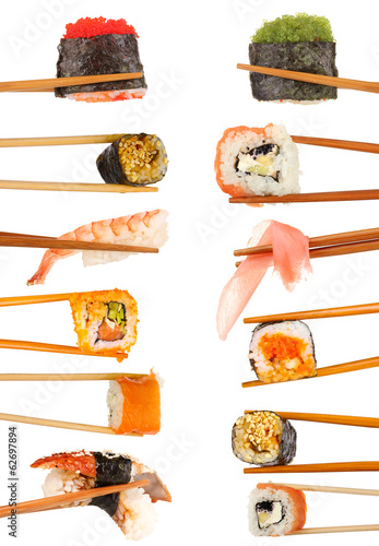 Collage of chopsticks with different food isolated on white