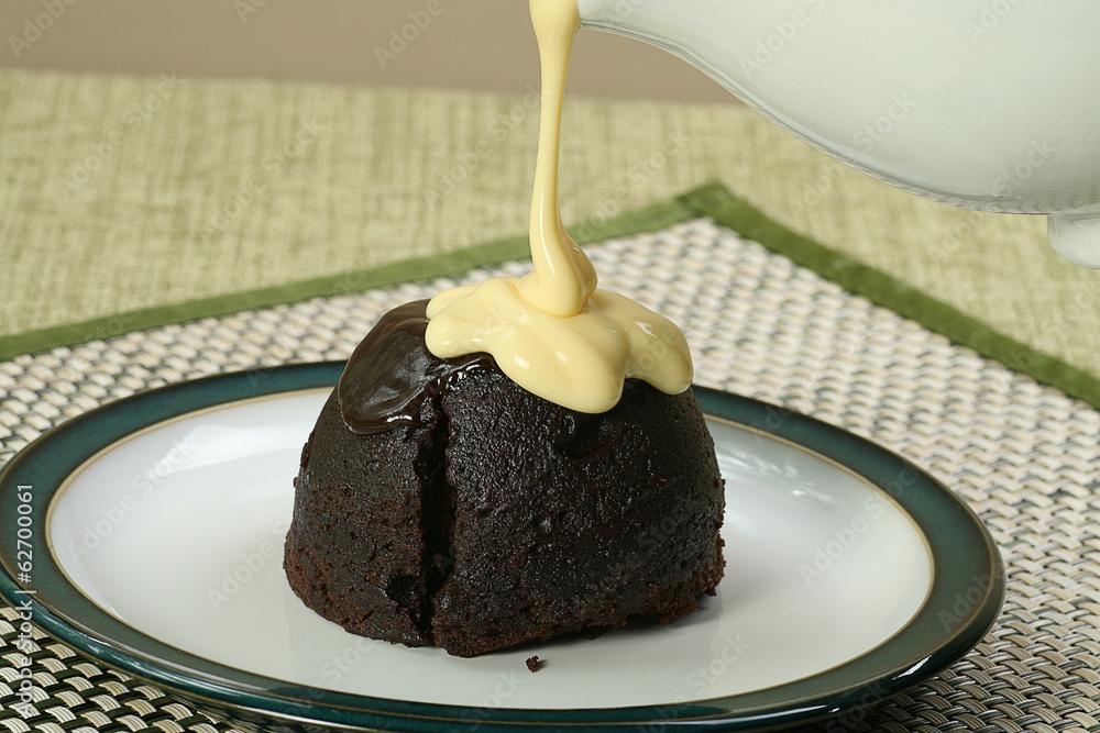 Fotografi dark chocolate sponge and custard