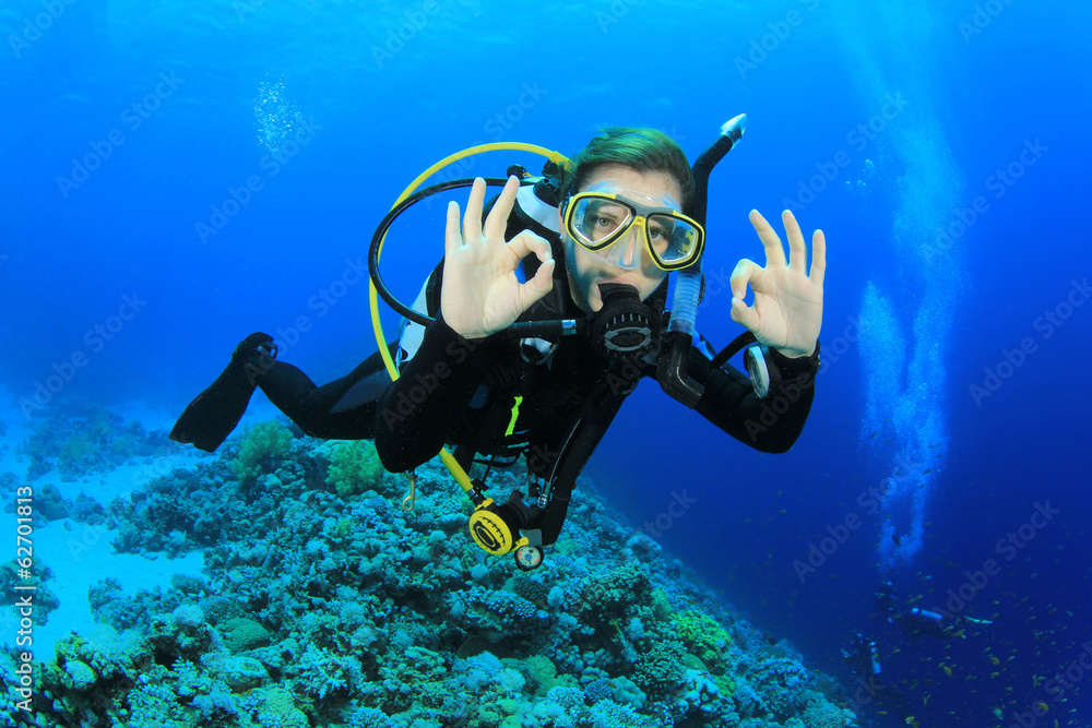 Female Scuba Diver - obrazy, fototapety, plakaty 