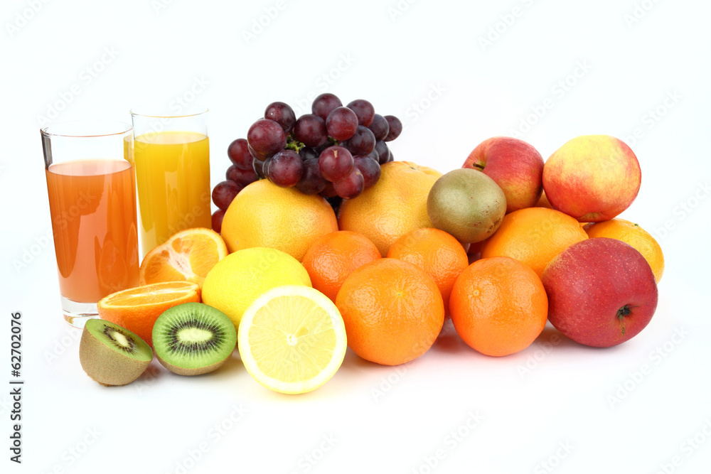 The fruits and drinks on the white background The fruits and drinks on the white background