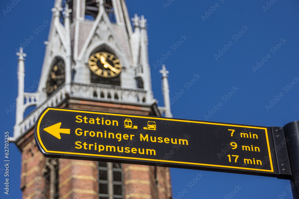 Fototapeta premium Tourist sign near the Jozef cathedral in Groningen
