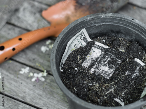 Wallpaper Mural Shovel and flowerpot of American dollar on the wood background. Torontodigital.ca