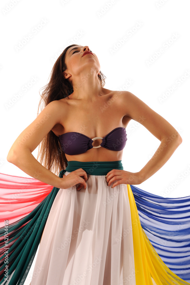 Beautiful bellydancer with colorfull fabric