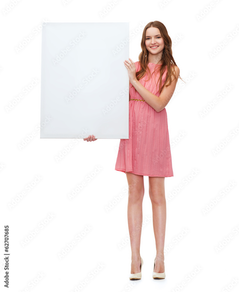 young woman in dress with white blank board young woman in dress with white blank board