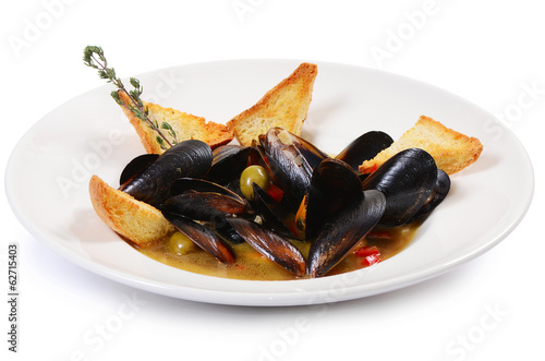 Mussels Tuscan with crispy ciabatta isolated