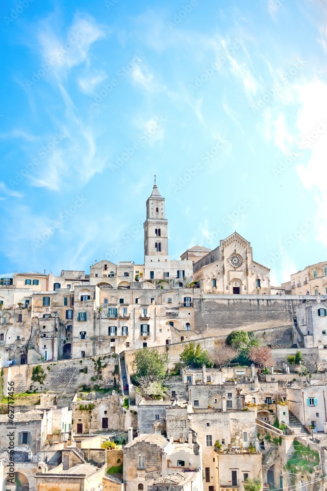 panoramic view of tipical stones and church of Matera