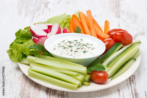 plate with fresh vegetables and thick yoghurt sauce