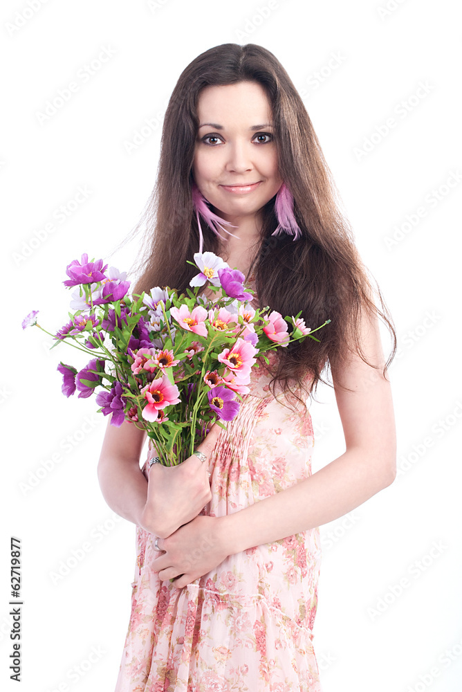 Beautiful girl with flowers on a white background Beautiful girl with flowers on a white background