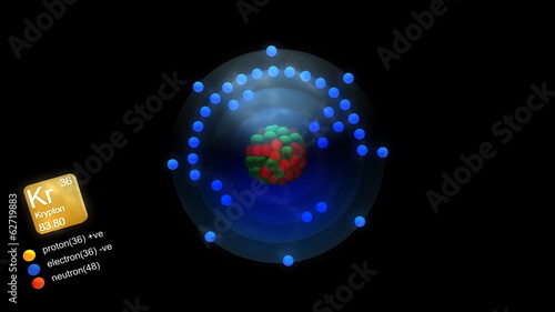 Krypton atom, with element's symbol, number, mass and color