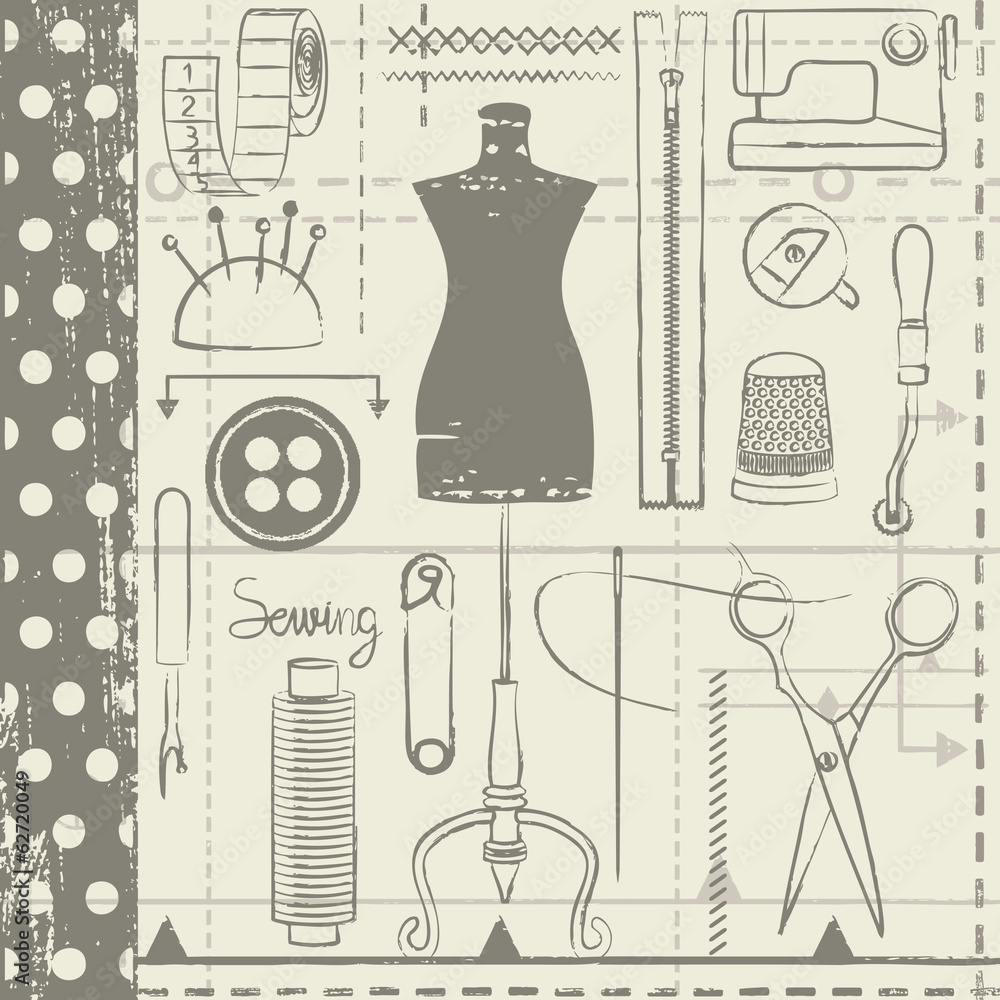Obraz premium Hand drawn sewing related seamless vector pattern background