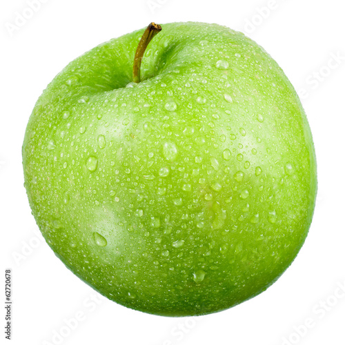 Green apple with drops isolated on white