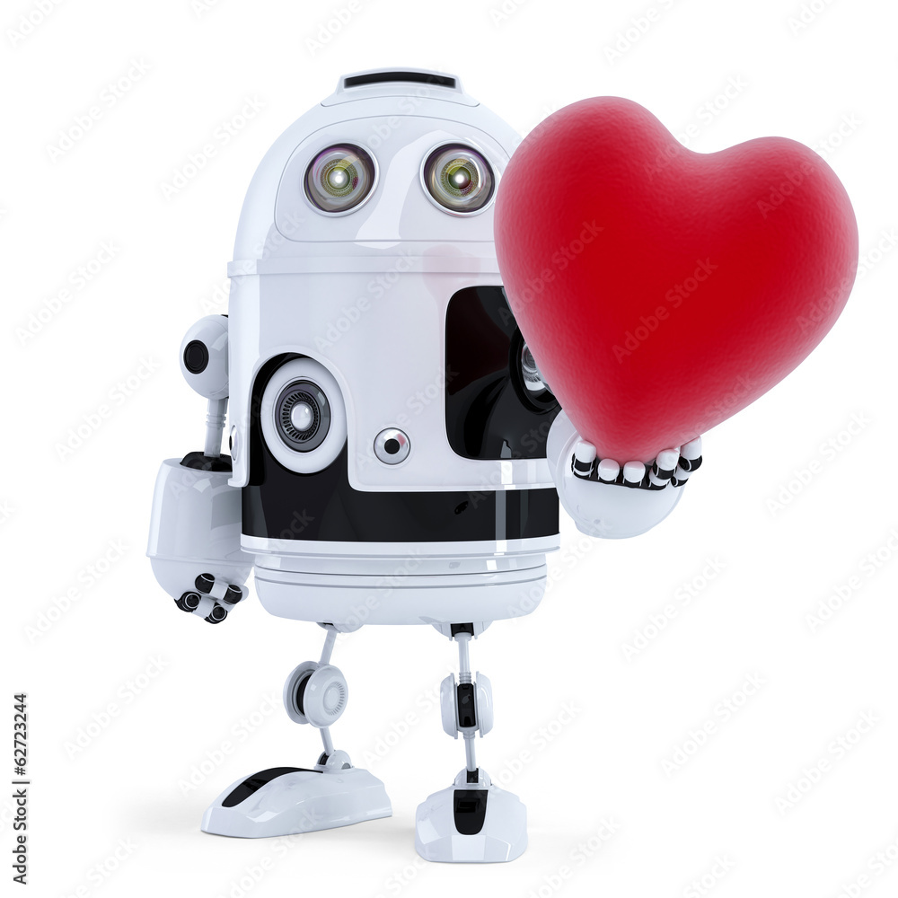 Cute robot holding a big red heart. Isolated Cute robot holding a big red heart. Isolated