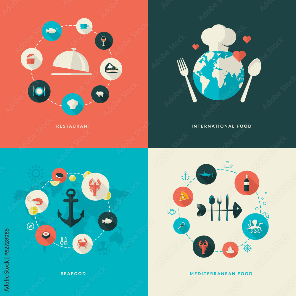 Set of flat design concept icons for restaurant - obrazy, fototapety, plakaty 