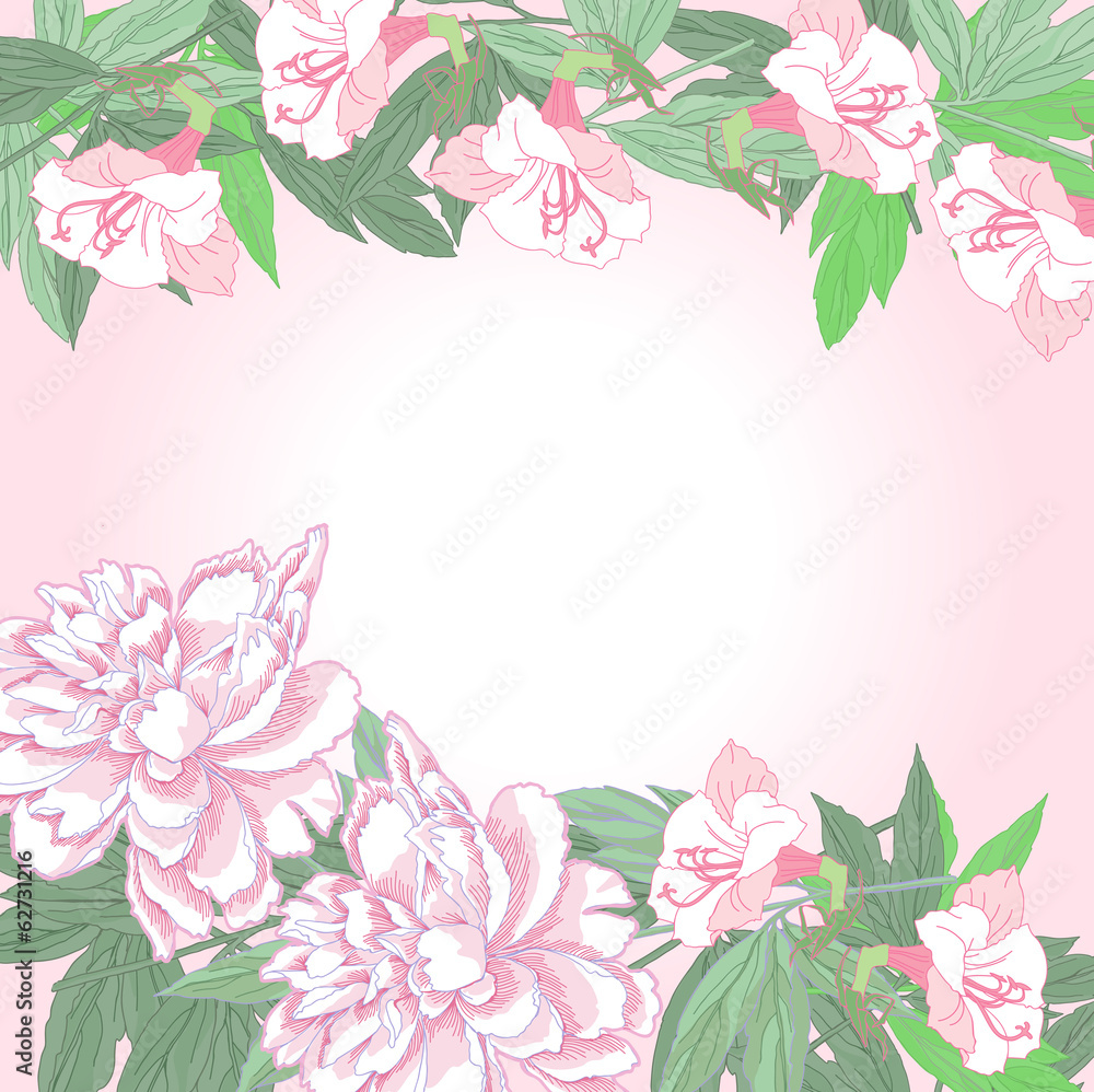 Background with two pink peonies and flowers Background with two pink peonies and flowers