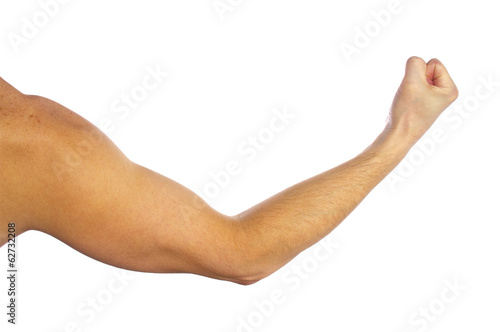 Man's muscular arm on white background