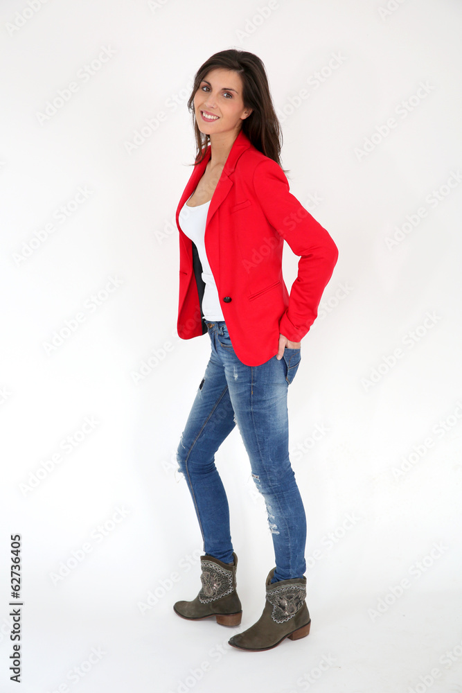 Woman with red jacket on white bakground, full length Woman with red jacket on white bakground, full length