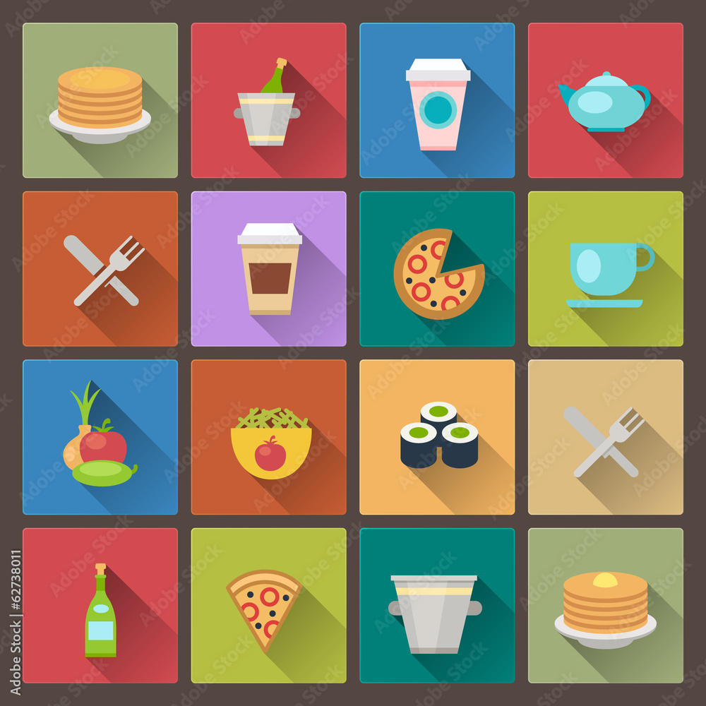 set of drink and food icons in flat design style set of drink and food icons in flat design style