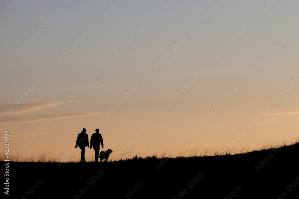 silhouette with couple walking with dog in sunset sky