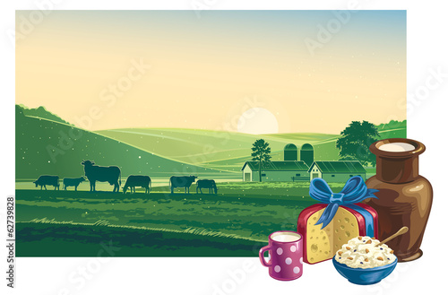Summer morning landscape, and dairy products