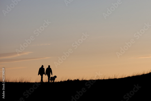 silhouette with couple walking with dog in sunset sky