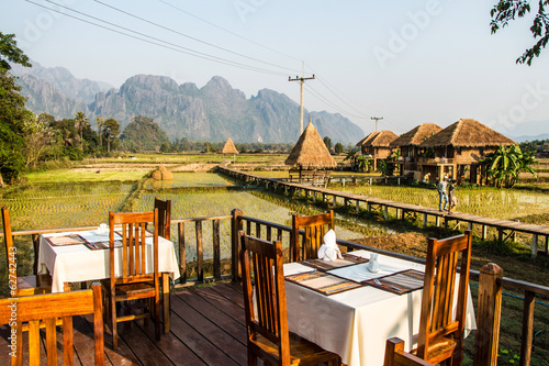 Resort Vang Vieng, Laos, areas of green rice fields photo