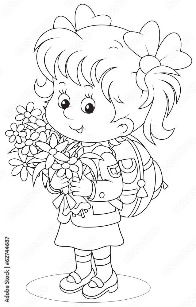 Obraz premium Little schoolgirl with a schoolbag and flowers