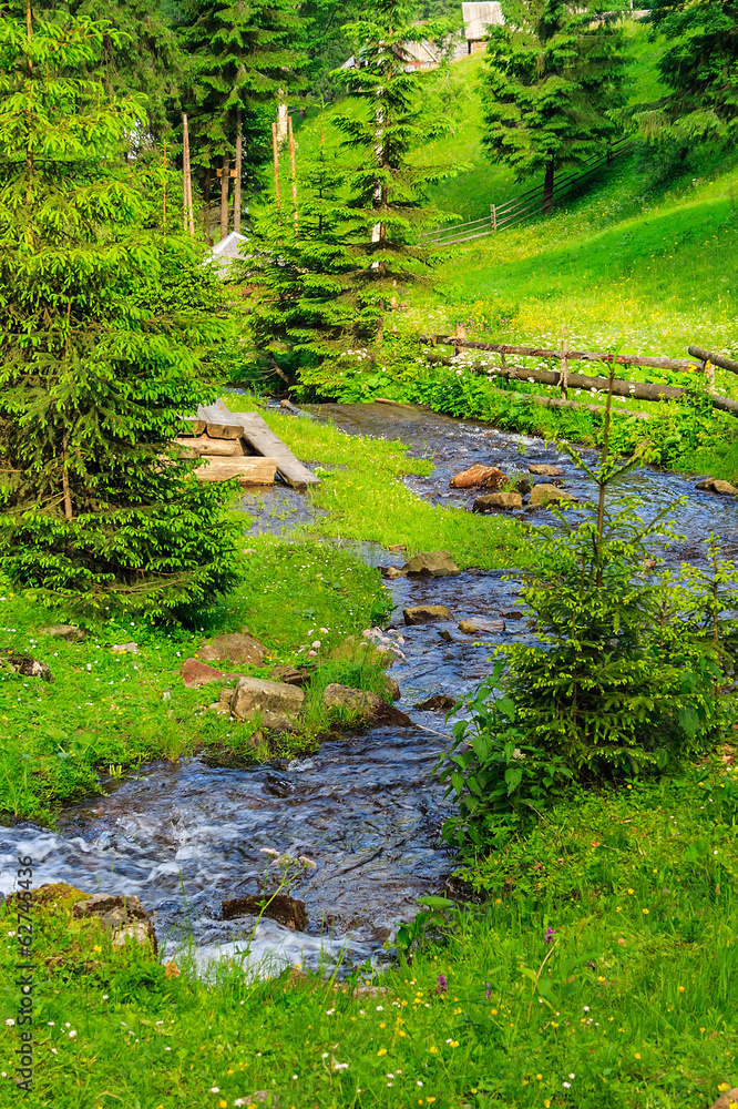 narrow stream with rocks in forest lawn - obrazy, fototapety, plakaty 