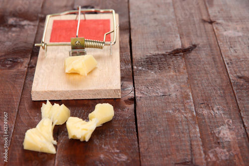 Mousetrap with cheese on wooden background