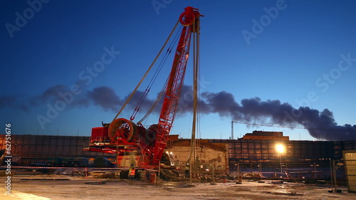Well boring machine at night