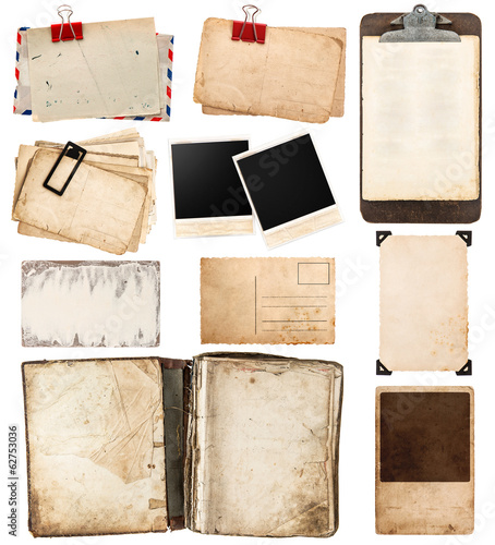 vintage papers, postcards, frames, clipboard