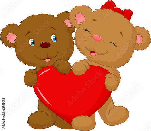 Bear couple holding red heart shape