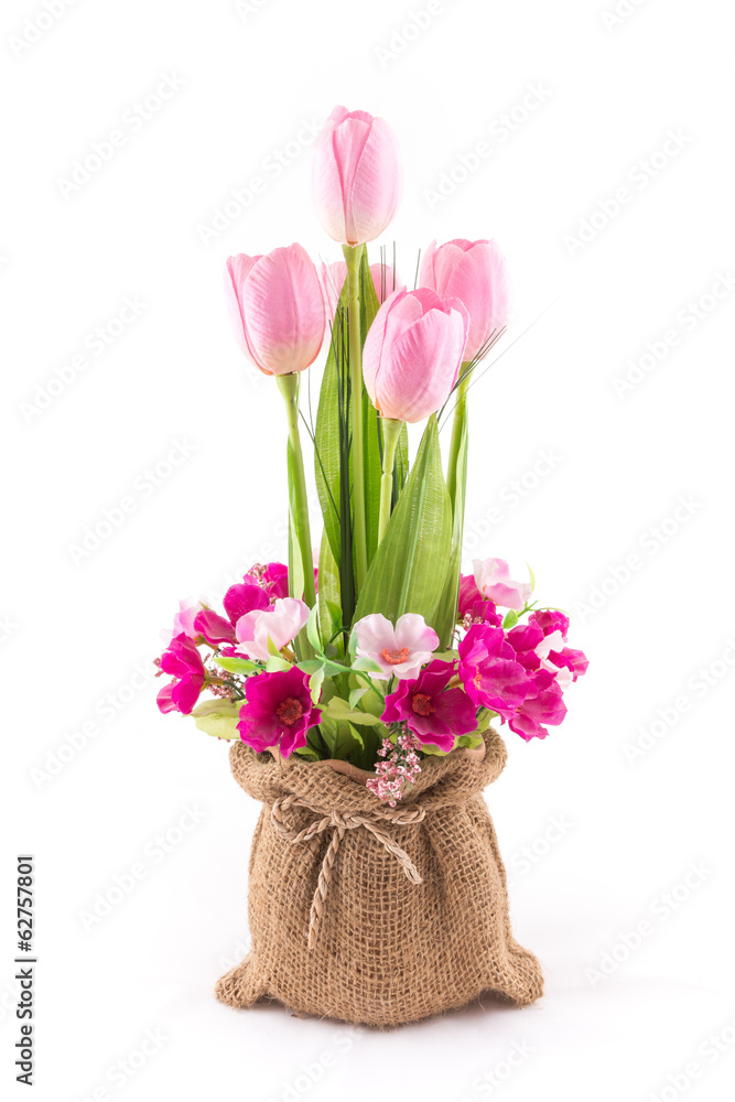 isolated image of the fake flower with red tulips on white backg
