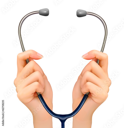 Medical background with hands holding a stethoscope. Vector.