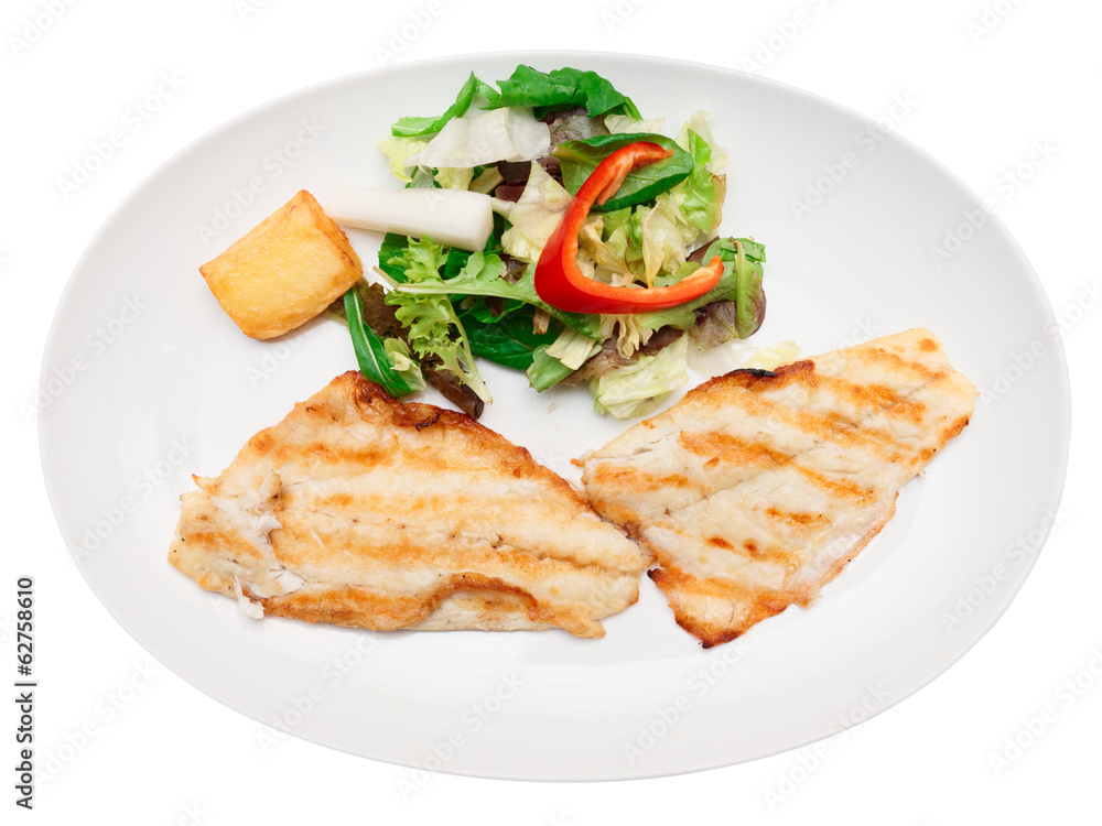Grilled seabass fillet in plate, isolated